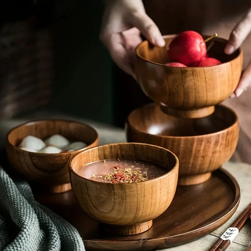 Natural Teak Wood Round Soup & Rice Bowl (2 Sizes, Set Options)