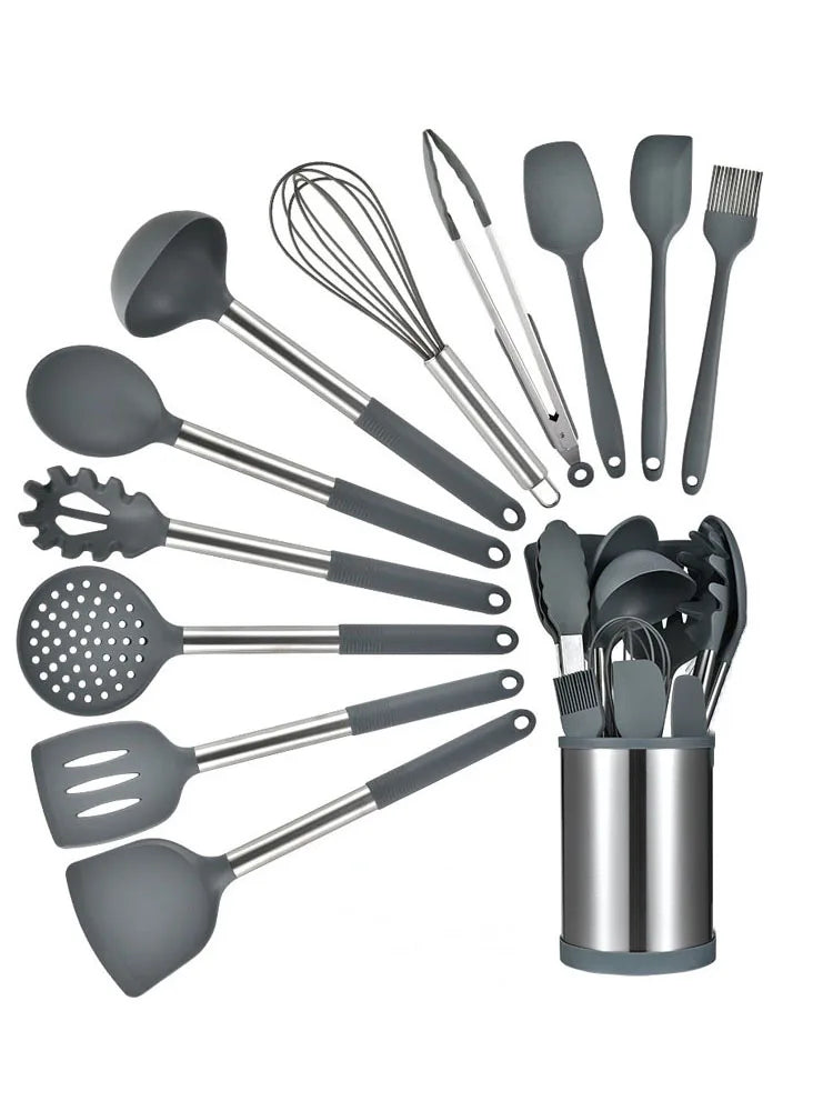 Silicone & Stainless Steel Kitchen Utensil Set with Rotating Holder (12-Piece)