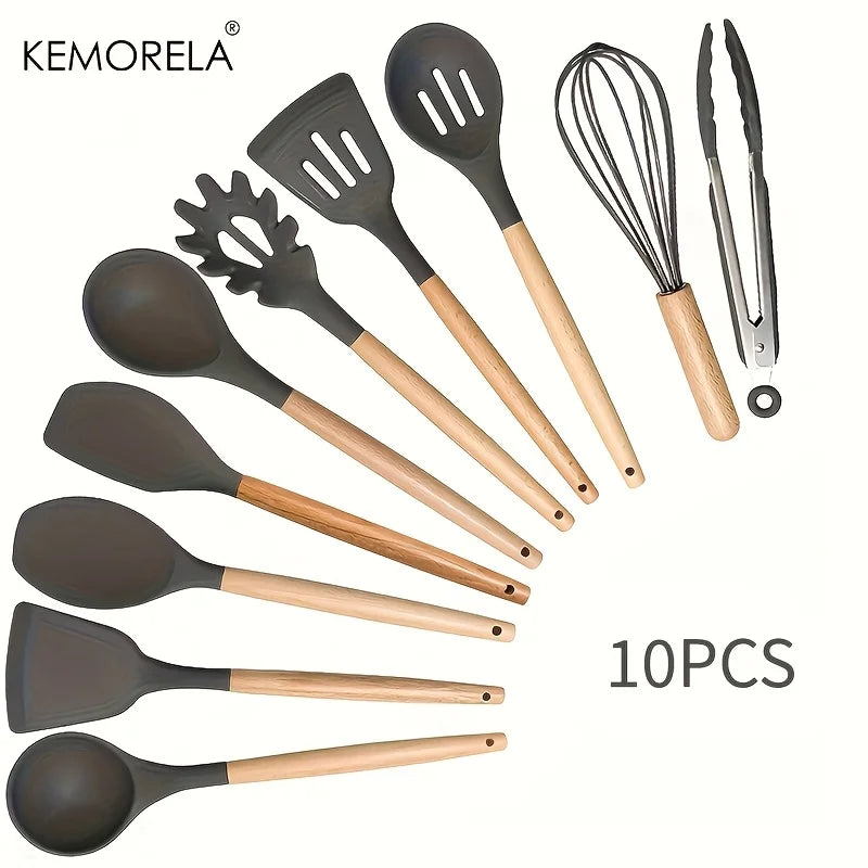 Silicone & Beechwood Kitchen Utensil Set with Holder (11-Piece)