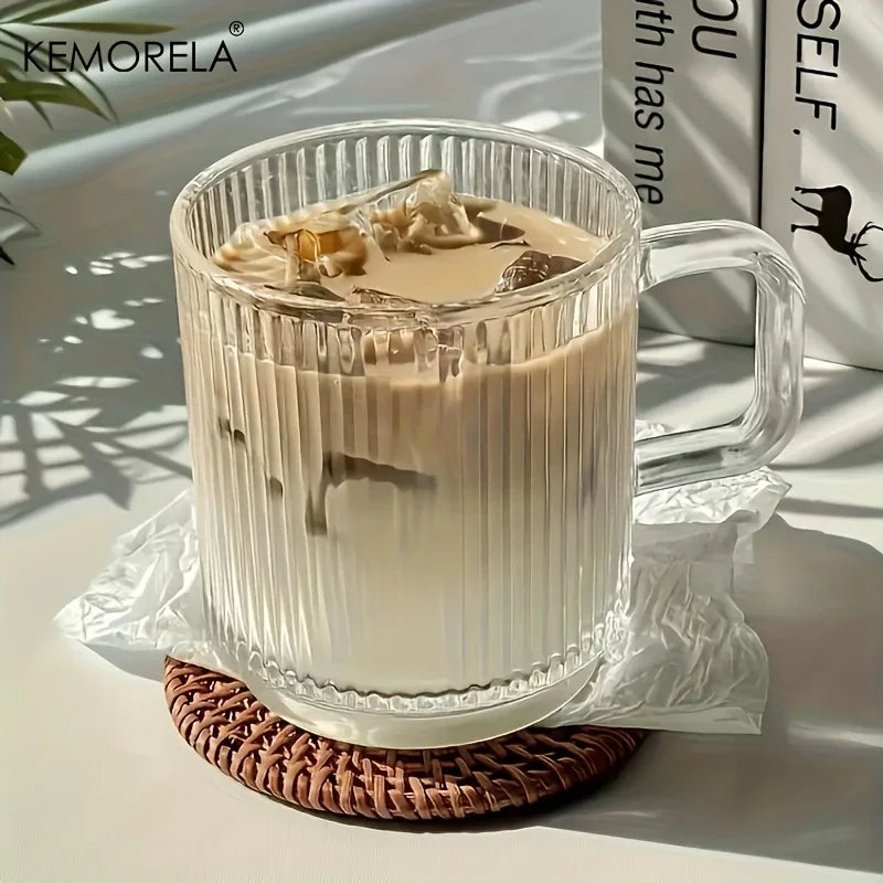 Vertical Ribbed Glass Coffee Mug with Square Handle (350/450ml)