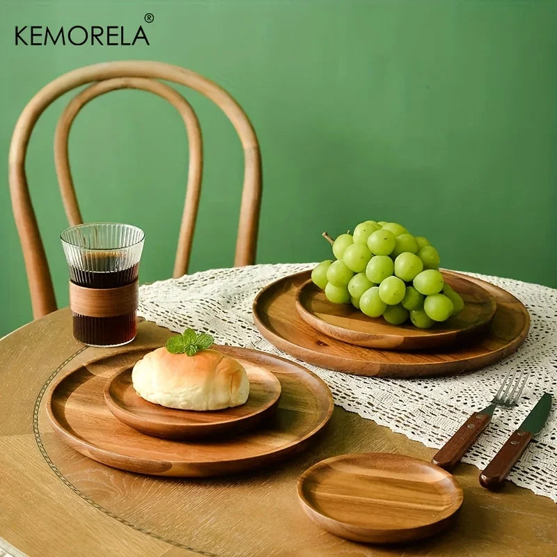 Solid Acacia Wood Round Serving Tray with Raised Rim (4 Sizes)